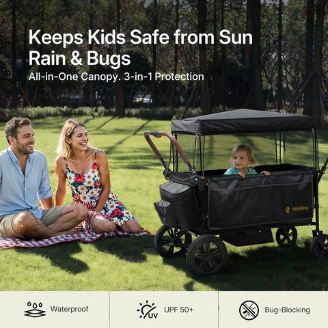 Kids Stroller Wagon With One Hand Adjustable Push Pull Handle, Alloy Steel Frame, Rubber Wheels, family picnic in park