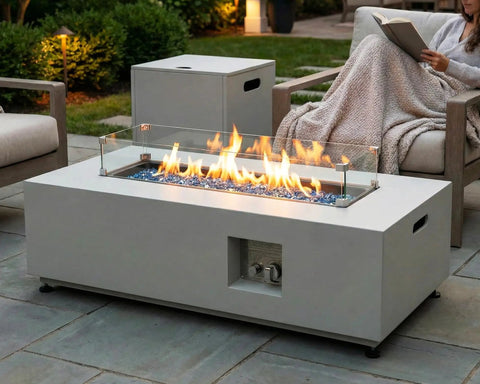 Outdoor Propane Fire Pit Table With 50,000 BTU, No Assembly, Low Profile Tank Table For Patio And Backyard, CSA Certified, Grayish White