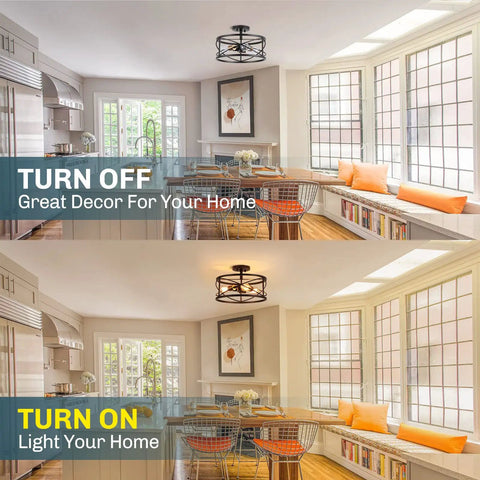 Three Light Semi Flush Mount Ceiling Light With Industrial Modern Farmhouse Style And Metal Cage 14 Inch Wide, living room