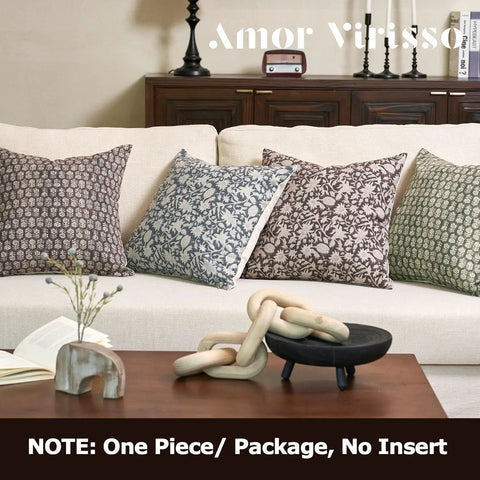 Floral Throw Pillow Cover 18x18 Inch Organic Cotton Dusty Blue One Sided Decorative Cushion Cover For Sofa Couch Living Room Farmhouse Neutral Decor Cozy Vibe No Insert on sofa