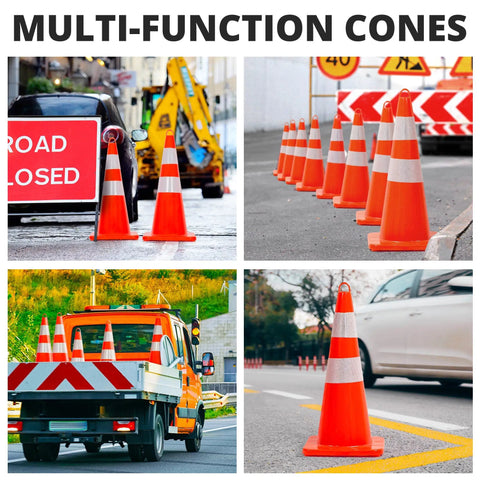 Ten Pack 28 Inch PVC Traffic Cones With Reflective Collars in various traffic control scenarios