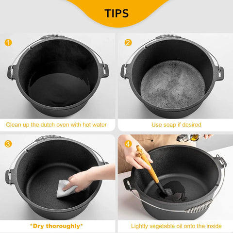Steps for cleaning and seasoning a 10 Qt Camping Dutch Oven With Lid For Oven Stove Grill Or Campfire Pre Seasoned Cast Iron Pot