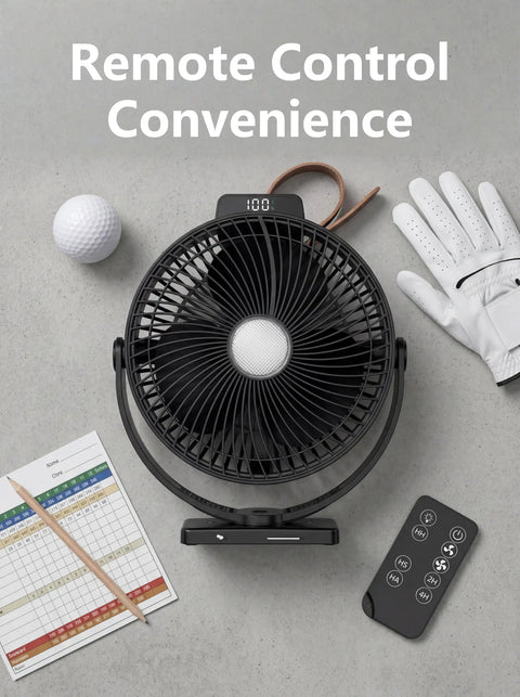 Keep Your Cart Fresh With This Rock Solid Two Pack Eight Inch Magnetic Golf Cart Fan Featuring A Heavy Duty Strap Bright Lighting And Epic 12000 Mah Battery, remote control fan on table with golf items.
