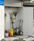 Vertical Resin Outdoor Storage Shed For Tools And Patio Gear Waterproof Garden Cabinet 386 Gallon Capacity open with gardening tools