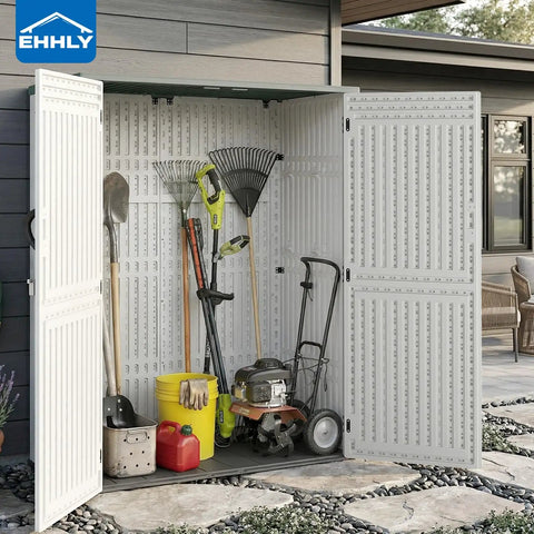 Vertical Resin Outdoor Storage Shed For Tools And Patio Gear Waterproof Garden Cabinet 386 Gallon Capacity open with gardening tools