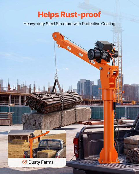 Heavy-Duty Pickup Truck Crane, 2200 Lb Load Capacity With 12V Electric Winch lifting metal rods on construction site.