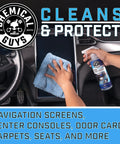 Chemical Guys Total Interior Cleaner & Protectant spray bottle with blue microfiber cloth cleaning a car interior.
