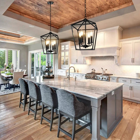 Black Farmhouse Chandelier 4 Light Ceiling Fixture With Height Adjustable Flexible Chain in modern kitchen setting.
