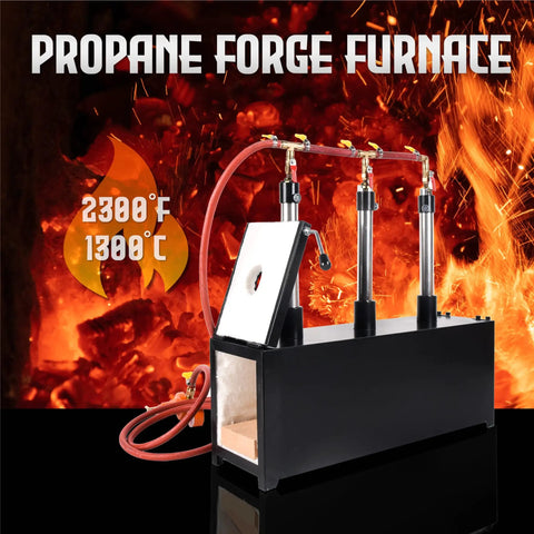 Three Burner Portable Propane Forge With Door, Large Capacity Square Blacksmithing Furnace Reaching 2300F 1300C, flaming background