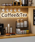2 Tier Wall Mounted Coffee Organizer Stackable Condiment And Lid Dispenser With Dividers For Breakrooms And Office Countertops Black