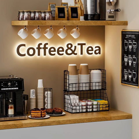 2 Tier Wall Mounted Coffee Organizer Stackable Condiment And Lid Dispenser With Dividers For Breakrooms And Office Countertops Black