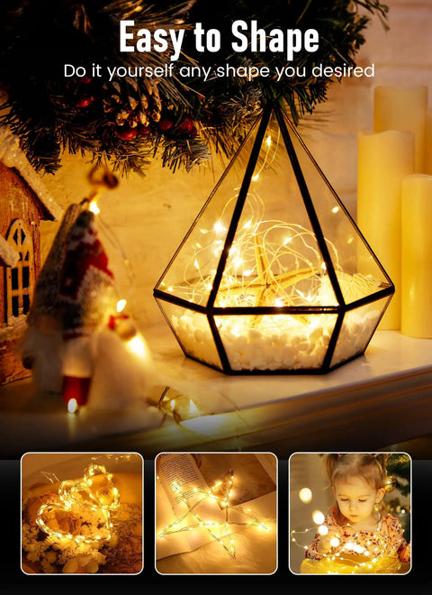 Fairy String Lights 33 Ft Long Battery Operated 100 LED Copper Wire Twinkle Lights in geometric lantern decor.