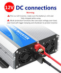 1600 Watt Power Inverter Modified Wave Workhorse DC 12 Volt To AC 120 Volt With Remote Control And Led Display, showing detailed DC connections.