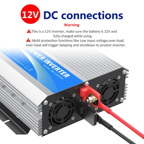 1600 Watt Power Inverter Modified Wave Workhorse DC 12 Volt To AC 120 Volt With Remote Control And Led Display, showing detailed DC connections.
