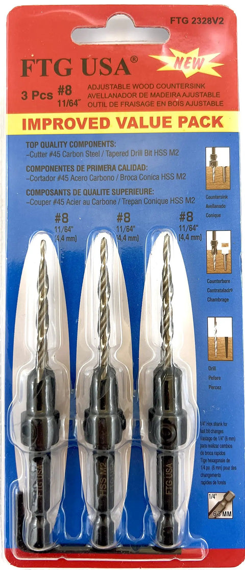 Wicked Sharp 45 Degree Size 8 Wood Countersink Drill Bit Set Three Piece Carbon Steel Hex Wrench in package, includes tapered bits.