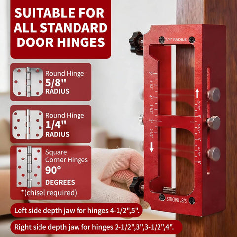 Adjustable Door Hinge Jig Kit With Pro Grade Aluminum Alloy Router Template For Hinges From Two And A Half To Five Inches, Works With Doors Up To One And Three Quarters Inches, Includes Quarter Radius, Five Eighth Radius And Square Corner Types DIY shown in use