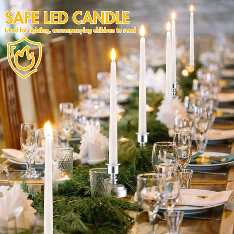 Luxurious dining table scene with 24 Pack Flameless Taper Candles With Remote And Timer, Flickering 3D Flame LED Tapers in silver bases.