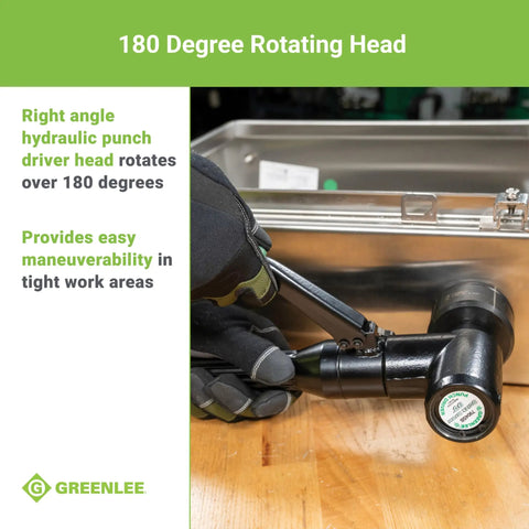 Heavy Duty Hydraulic Knockout Kit With Quick Draw Driver showing 180-degree rotating head maneuverability in tight spaces