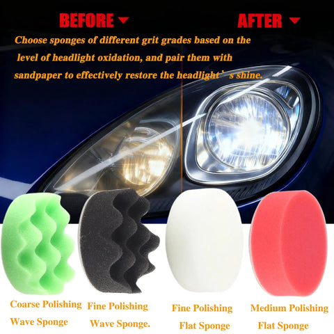 Before and after headlight restoration using All In One 144Pc 3 Inch Sanding Disc Drill Polishing Kit with sponges and pads.