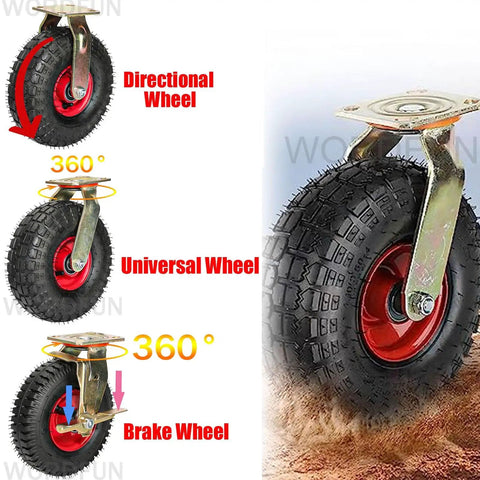 2 Pack Heavy Duty Rubber Trolley Castors With Smooth Rollin Pneumatic Air Caster Wheels And Secure Brake Lock Swivel Action, showing directional, universal, and brake wheels.