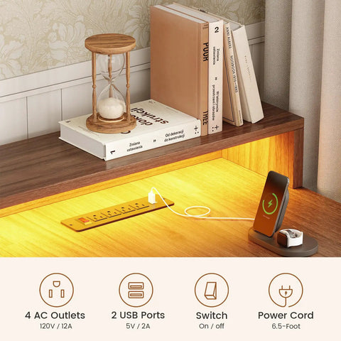 Farmhouse L Shaped Standing Desk with built-in USB ports and power outlets, shown with books and charging devices.