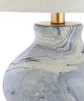 Blue And White Marbleized Ceramic Table Lamp With Gold Accents And White Linen Empire Shade, Contemporary Traditional Bedside Lamp