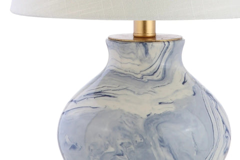 Blue And White Marbleized Ceramic Table Lamp With Gold Accents And White Linen Empire Shade, Contemporary Traditional Bedside Lamp