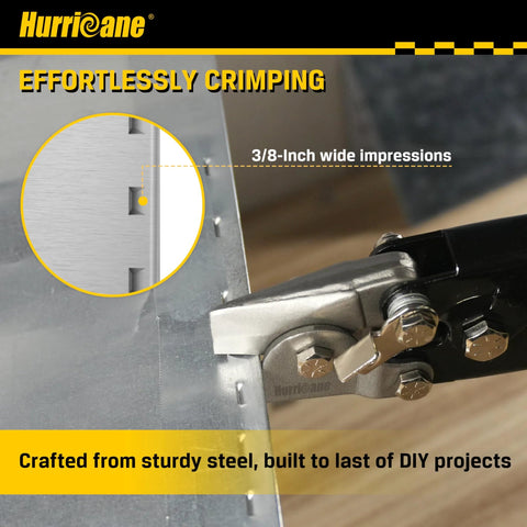Hurricane Snap Lock Punch Tool, side view, 3/8-inch wide impressions for gutter end caps on sheet metal