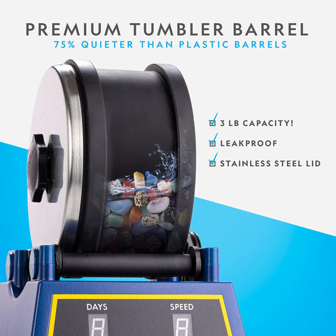 Rock Tumbler Kit With Extra Large 3 Lb Barrel, 3 Speed Motor, 9 Day Timer, barrel filled with rocks, premium stainless steel lid, leakproof design
