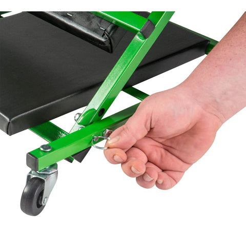 Hand adjusting C2036DG Convertible Mechanic Creeper Converts To Seat With 300 Lb Capacity Black And Green Easy Roll Six Swivel Casters