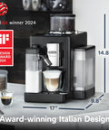 Rivelia Automatic Espresso Machine With Built In Burr Grinder And Milk Frother, compact Italian design in black, dimensions 17x9.8x14.8 inches.