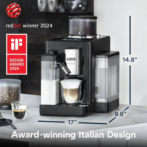 Rivelia Automatic Espresso Machine With Built In Burr Grinder And Milk Frother, compact Italian design in black, dimensions 17x9.8x14.8 inches.