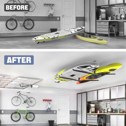 Ceiling Kayak Storage Rack For Garage Heavy Duty Overhead Kayak Hanger Holds Two Kayaks Snowboards Surfboards Paddleboards And SUPs