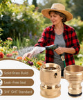 Woman watering garden using Two Sets Brass Garden Hose Quick Connect Fittings Three Quarter Inch GHT Male And Female No Leak Connectors