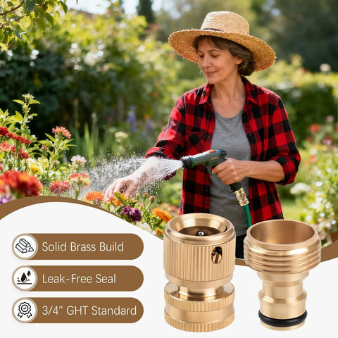 Woman watering garden using Two Sets Brass Garden Hose Quick Connect Fittings Three Quarter Inch GHT Male And Female No Leak Connectors