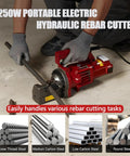 Person operating Beast 1250W Electric Hydraulic Rebar Cutter RC 20 on 4-20mm rebar at construction site, showcasing cutting capability.