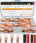 Heavy Duty Battery Cable Lug Kit With Copper Ring Terminals For 1/0 And 2/0 Gauge, 0 And 00 Gauge Wire, Includes Three Eighths Inch And Five Sixteenths Inch Studs, 3 To 1 Heat Shrink Tubes, Pure Purple Copper For Max Conductivity in storage case