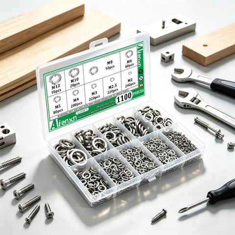 Heavy Duty Spring Lock Washer Kit 1100 Pieces In 9 Metric Sizes M2 To M12, 304 Stainless Steel Split Washers For Bolts And Screws, High Strength Corrosion Resistant Fastener Set For Harsh Environments, in labeled organizer
