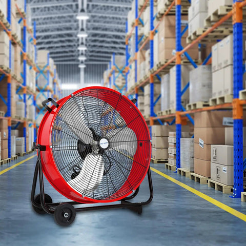 Powerful 24-Inch Drum Fan Built Tough With Three Speed Settings For Garage, Workshop, Basement, Warehouse And More High Velocity Airflow Up To 8100 CFM shown in warehouse