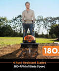 Powerful Workhorse Brushless 48V Cordless Tiller Cultivator in action, showing 14.5 in tilling width with 4 rust-resistant blades