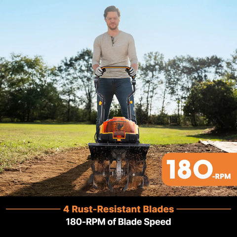 Powerful Workhorse Brushless 48V Cordless Tiller Cultivator in action, showing 14.5 in tilling width with 4 rust-resistant blades