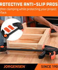 Rock Solid Heavy Duty Bar Clamps 2 Pack 12 Inch with anti-slip pads shown on wooden project for firm clamping.