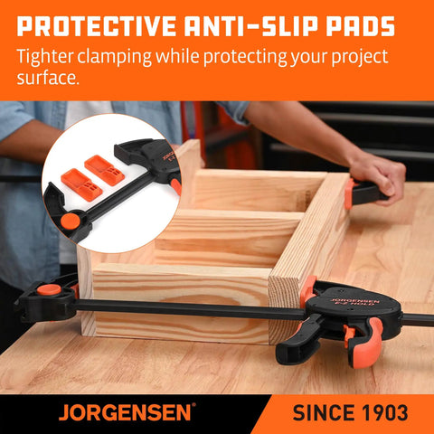 Rock Solid Heavy Duty Bar Clamps 2 Pack 12 Inch with anti-slip pads shown on wooden project for firm clamping.