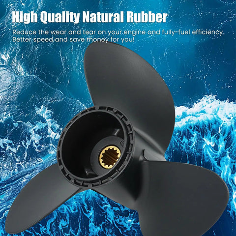 Aluminum Boat Propeller Eleven And Three Quarters By Seventeen Inches Right Hand Rotation Fits Johnson Evinrude Outboard Motors Forty HP Forty Eight HP Fifty HP Fifty Five HP With Thirteen Spline showing blade design with ocean wave backdrop.