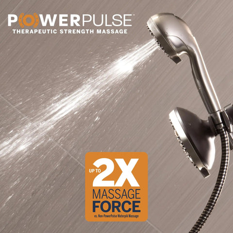 12-Mode 2-In-1 Dual Shower Head System With 5-Foot Hose And PowerPulse Therapeutic Massage Brushed Nickel Finish spraying water
