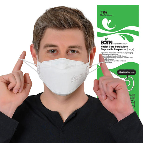 Person wearing Large White KF94 Disposable Mask With 4 Layer Filter And 3D Design, adjustable earloops, with packaging shown.