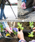 Heavy Duty Metal Detector Shovel With Double Serrated Edge Belt Mount Sheath used for digging, planting, and treasure hunting.