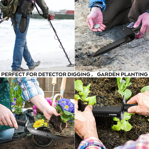 Heavy Duty Metal Detector Shovel With Double Serrated Edge Belt Mount Sheath used for digging, planting, and treasure hunting.