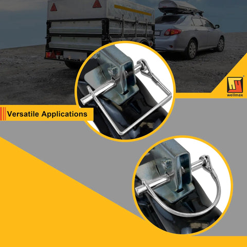 12 Piece Trailer Hitch Pin Assortment Set With 1/4 And 5/16 Inch Square And Arch Wire Lock Pins in use on a trailer