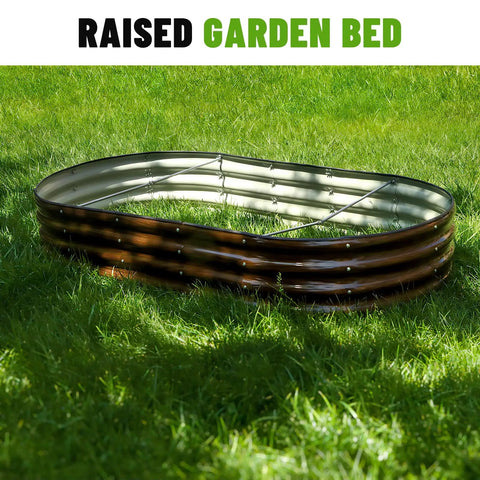 Two Piece Raised Garden Bed Kit, Outdoor Oval Metal Planter For Vegetables And Flowers, Brown Finish, grass background